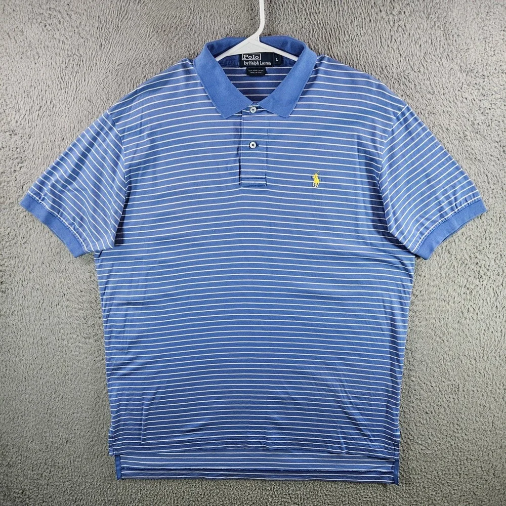 Polo Ralph Lauren Mens Blue White Striped Pima Cotton Polo Shirt Yellow Pony‎ L